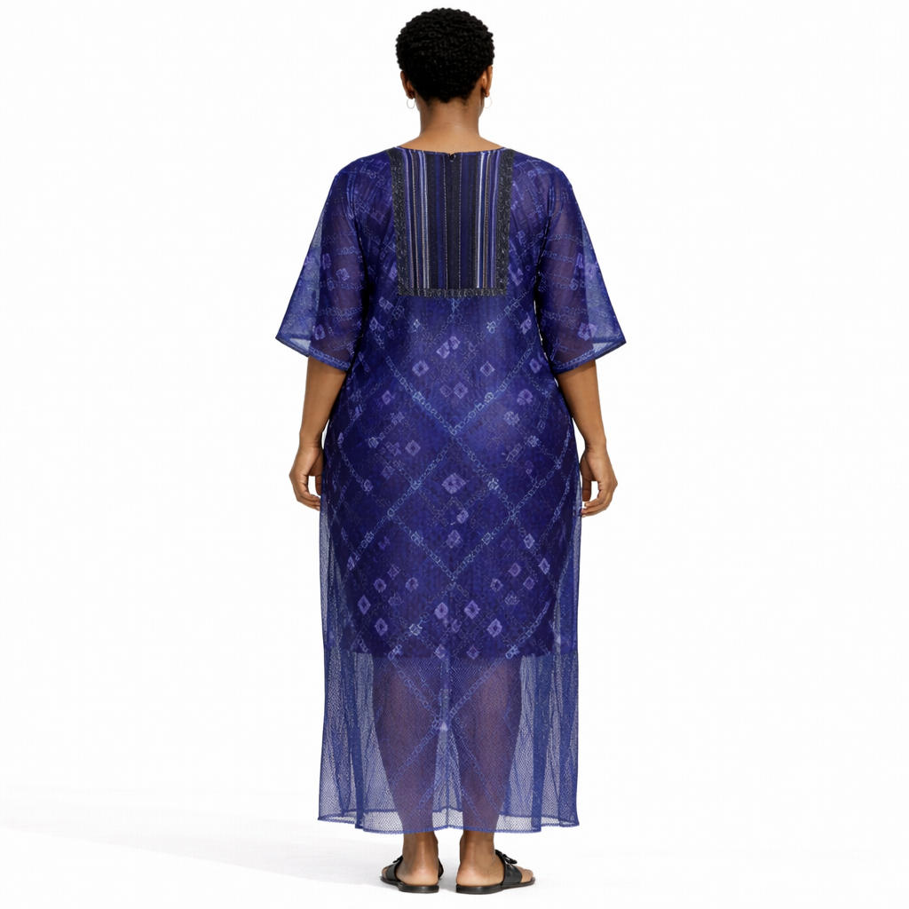 Women Blue Printed Maxi Kaftan Dress with V Neck Panel and Mesh Hem